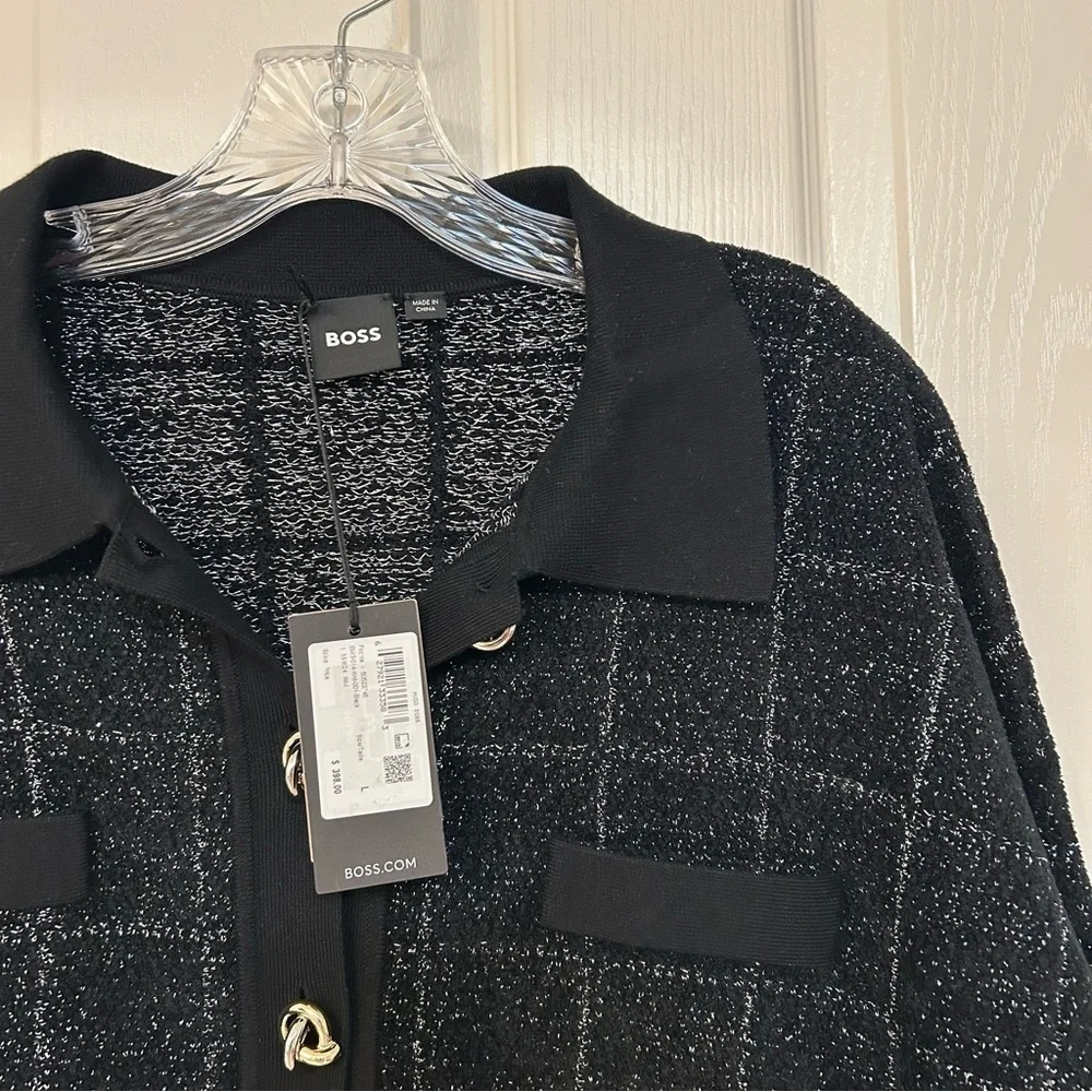 BOSS by Hugo Boss Women’s Sparkle Tweed Cropped Jacket in Black Lurex Plaid Sz L